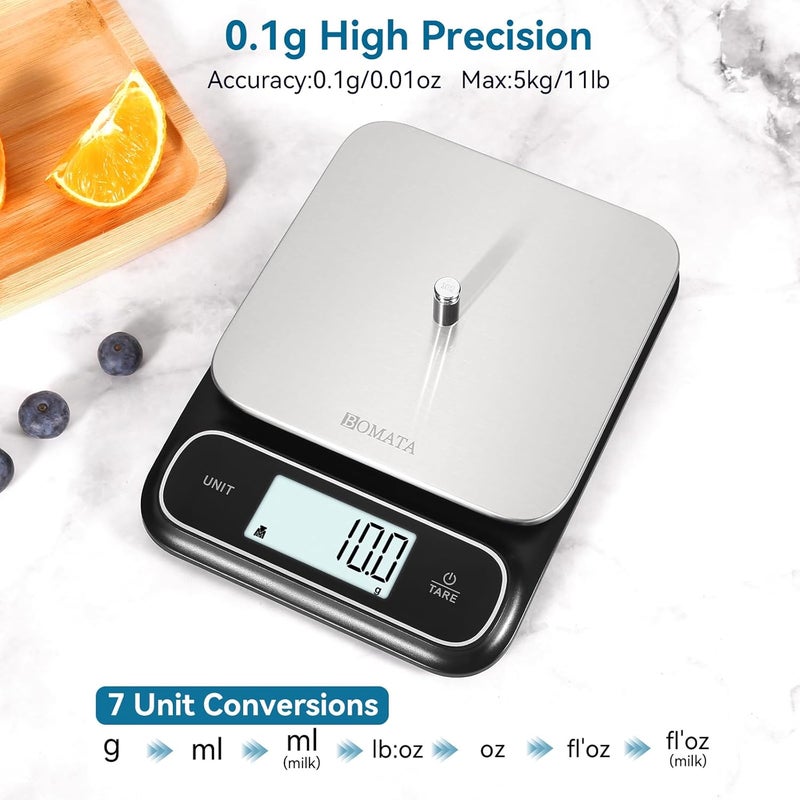 BOMATA Waterproof IPX6 Kitchen Scale, 0.1 g/0.01 oz High Precision, 5 kg/11 lbs, Digital Scale with Backlight, Stainless Steel Weighing Platform, for Food, Cooking, Baking, Weight Loss.. B619, Grey - Image 2